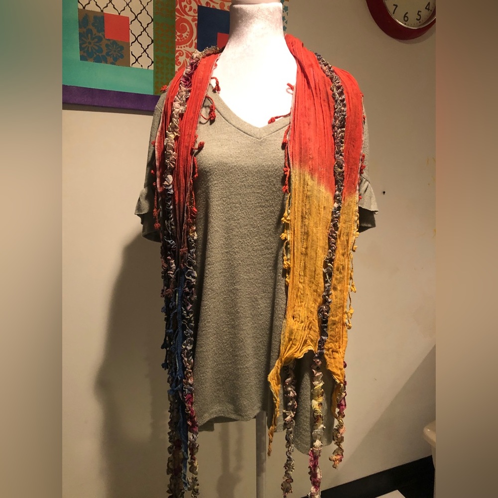BOHO handmade scarf. Multi colored twist with fringed tassels/knots ruffles NWOT - Picture 6 of 11